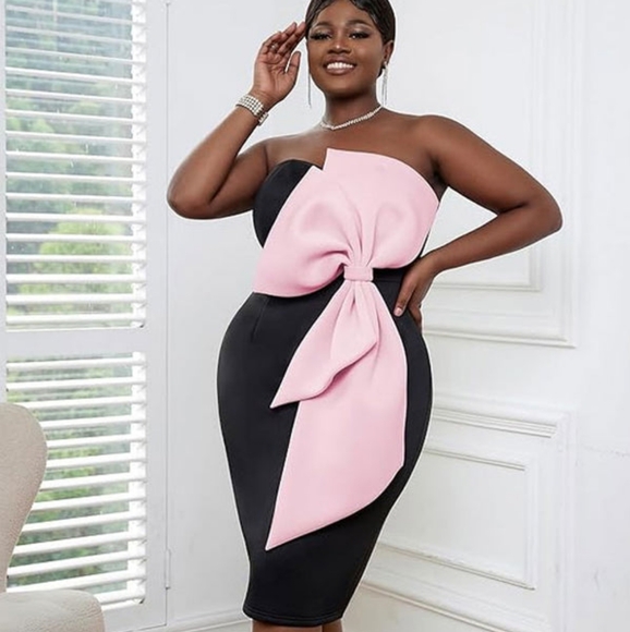 EUC CUTE BIG BOW APPLIQUE BICOLOR STRAPLESS BODYCON COCKTAIL PARTY MIDI DRESS - Picture 2 of 9
